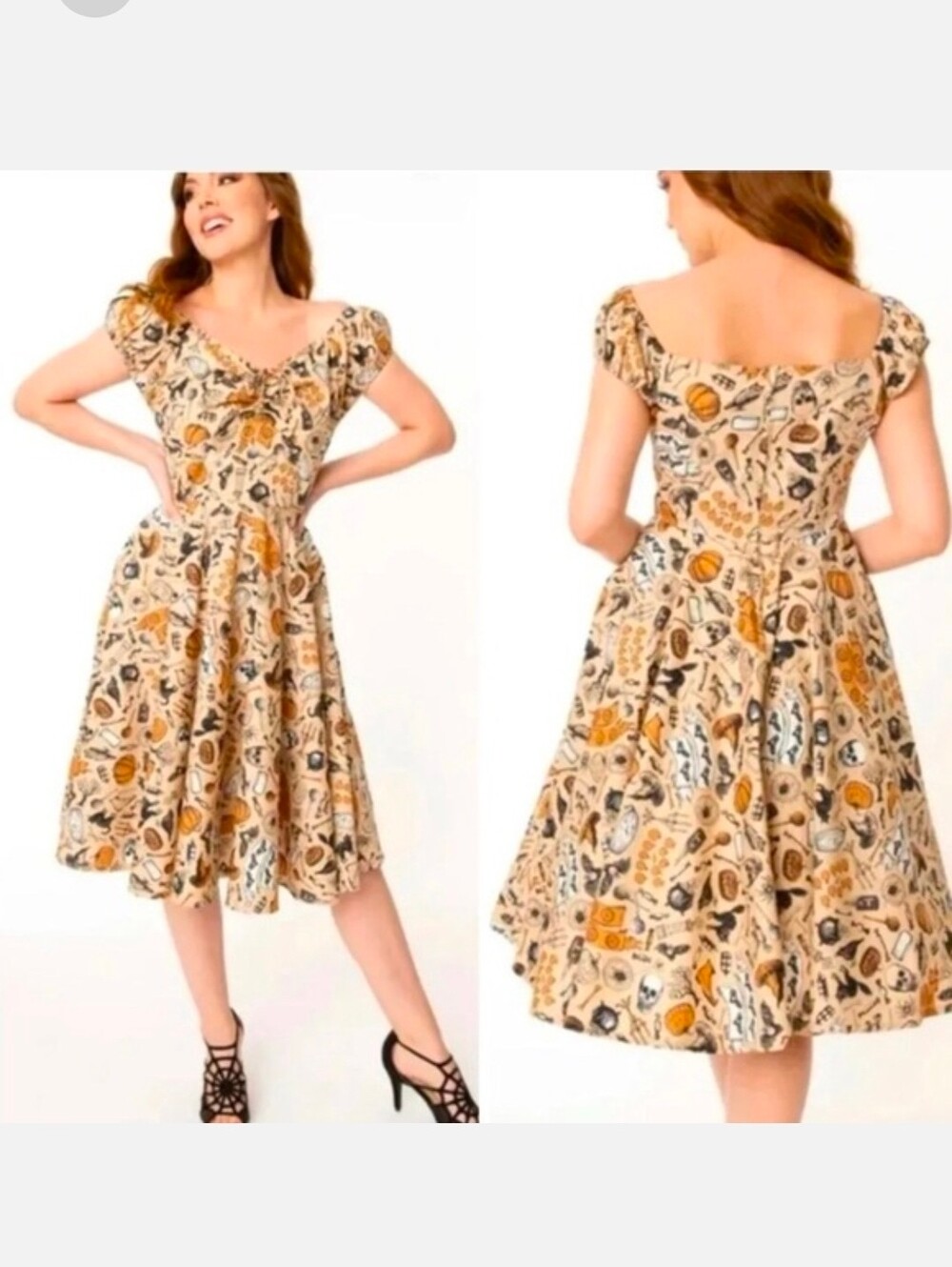 Halloween Witchy Gothic Cottagecore 100% Cotton Dress Cat Skull Pumpkin Print M - Picture 2 of 16